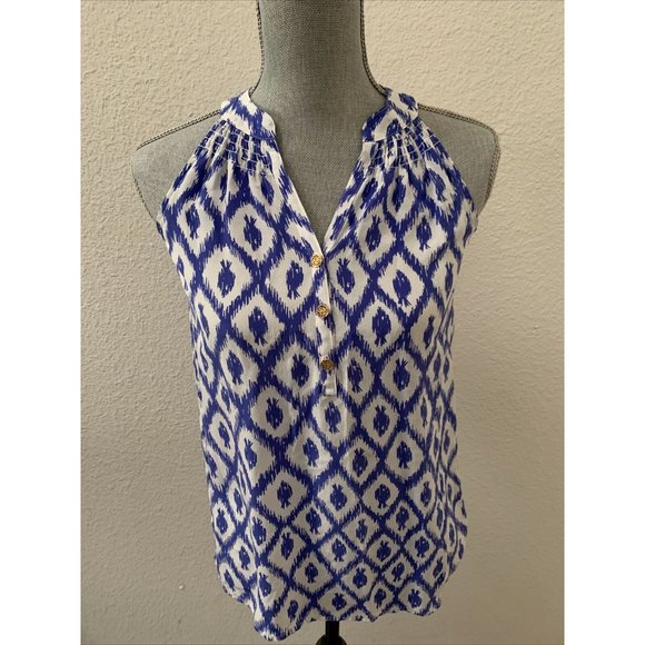 Lilly Pulitzer 100% Silk Top XXS Blue White Sleeveless Beautiful Buttons RARE - Picture 1 of 7